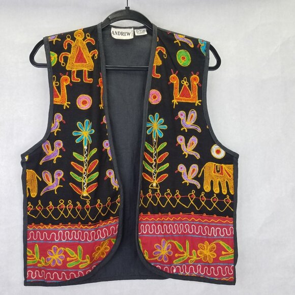 Vintage Banjara Style Crop Vest Womens Embroidery Boho Black Cotton Andrew Sport - Picture 1 of 12